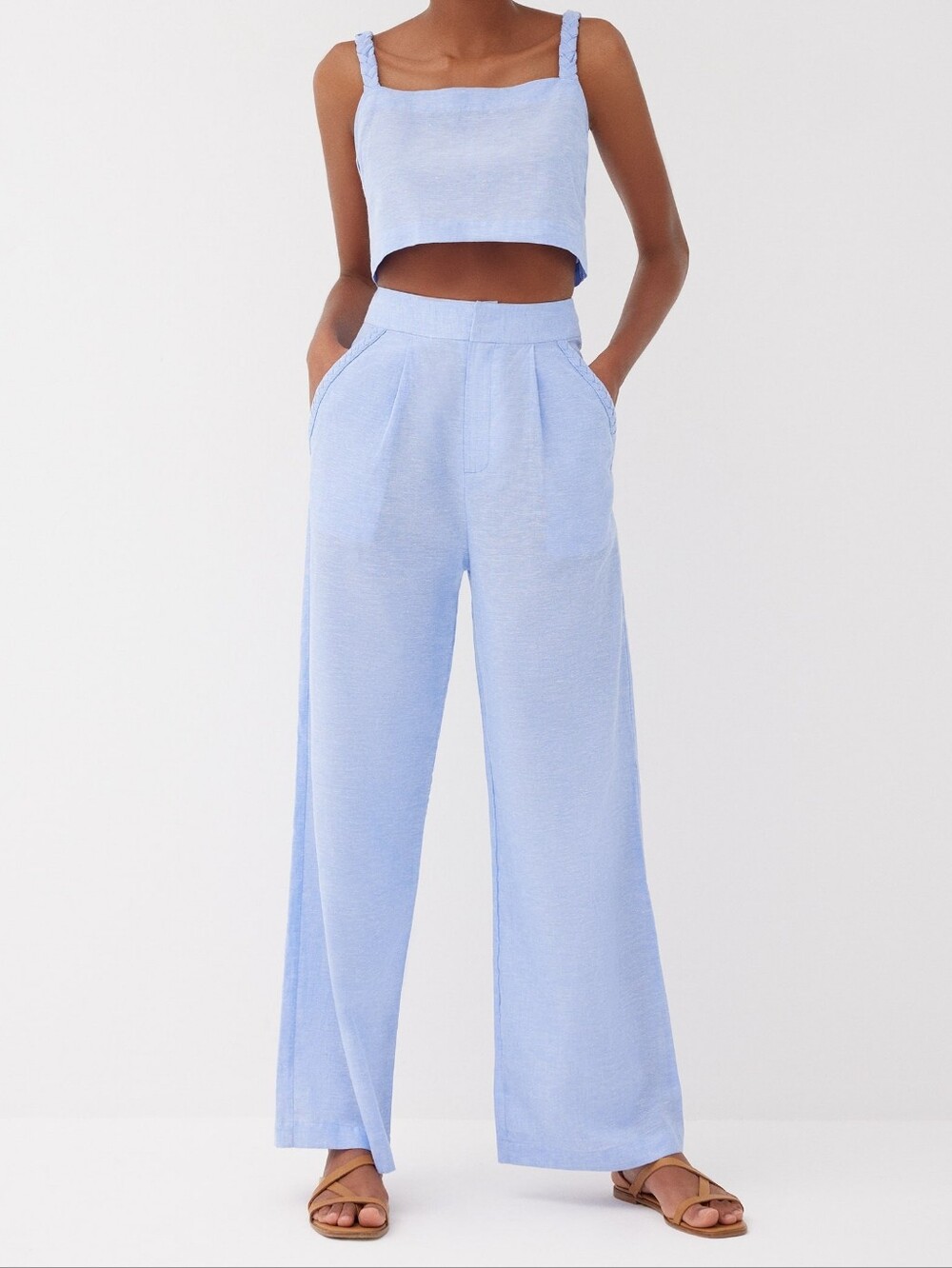 Labeca London Devon Powder Blue Linen Blend Braided Wide Leg Pants Size XS/S